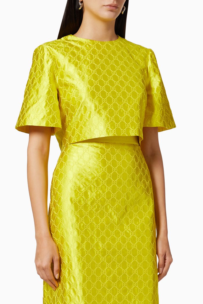 GG Embroidered Crop Top in Silk Duchesse, Yellow