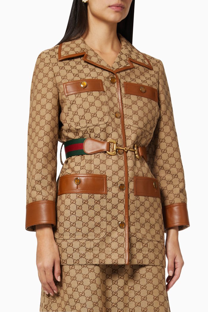 

GG Canvas Jacket with Web Belt, Brown