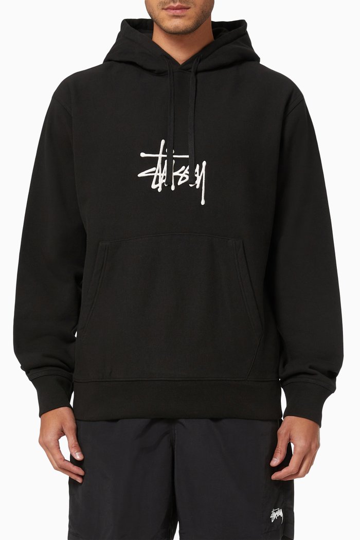 

Basic Embroidered Hoodie in Cotton Fleece, Black