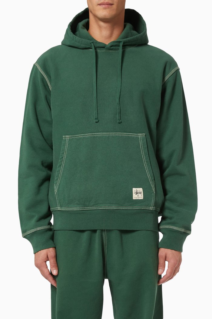 Contrast Stich Hoodie in Cotton Fleece, Green