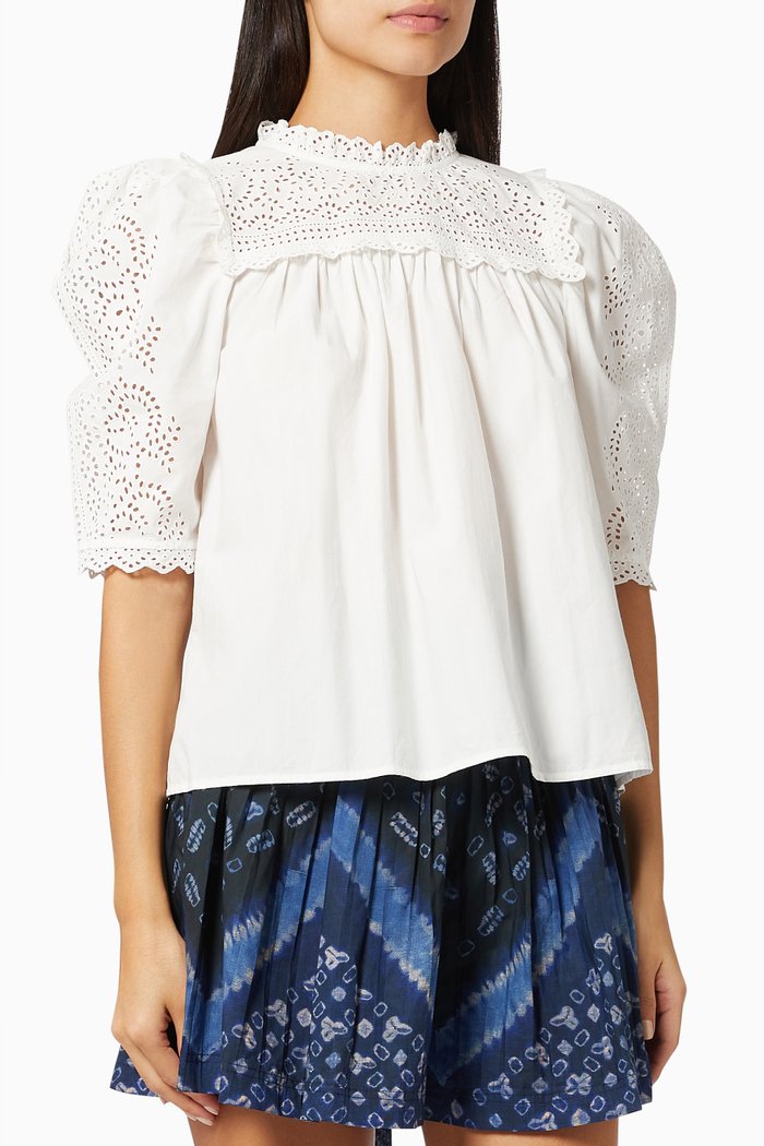 Yvonne Puff Sleeve Broderie Blouse in Cotton, White