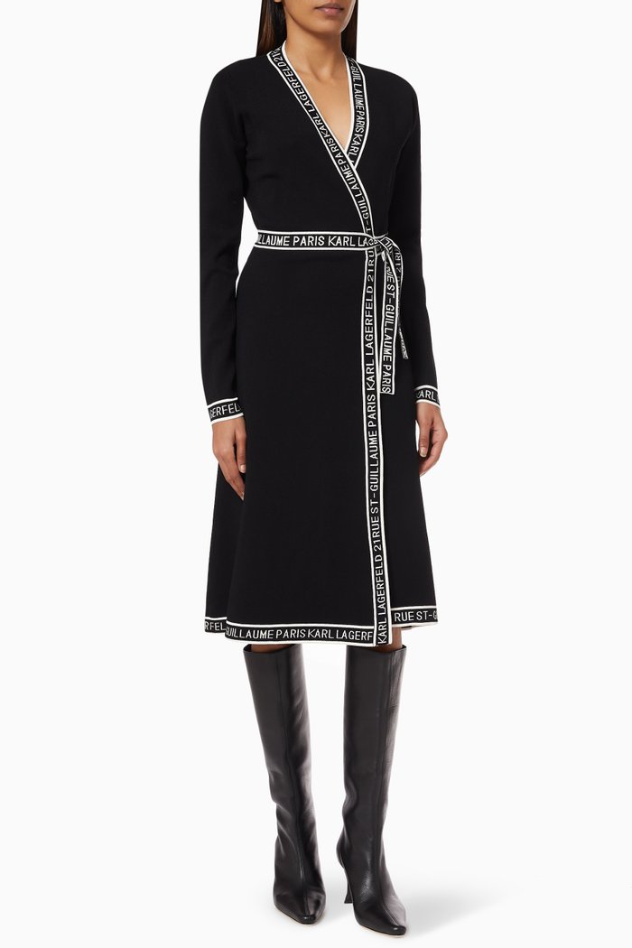 

KL Logo Tape Wrap-around Dress in Viscose-blend Knit, Black