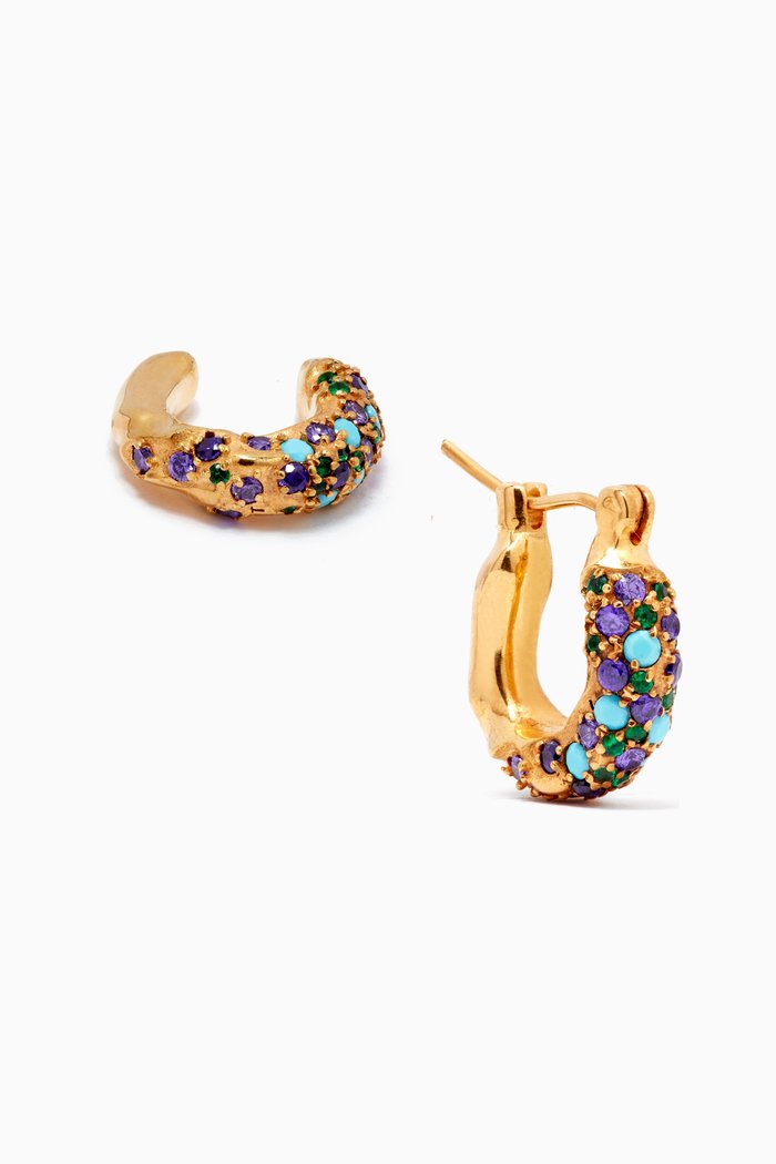 

Feminine Waves Mini Hoops Set with Crystals in 18kt Gold-plated Brass, Multicolour