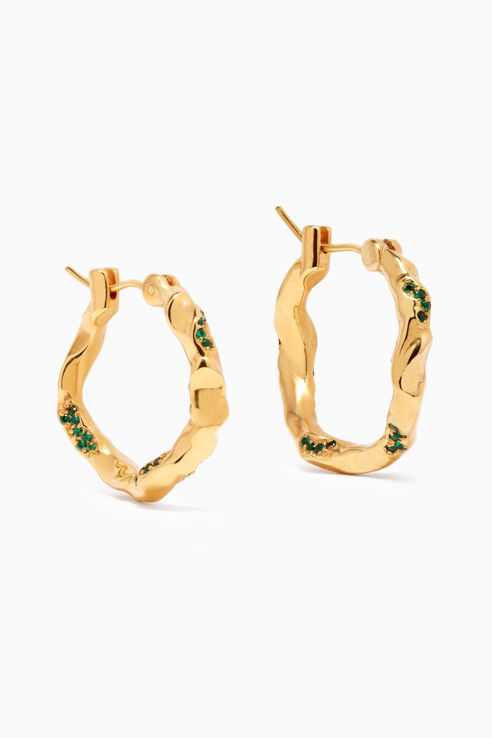 

Wave Hoops with Crystals in 18kt Gold-plated Brass, Green