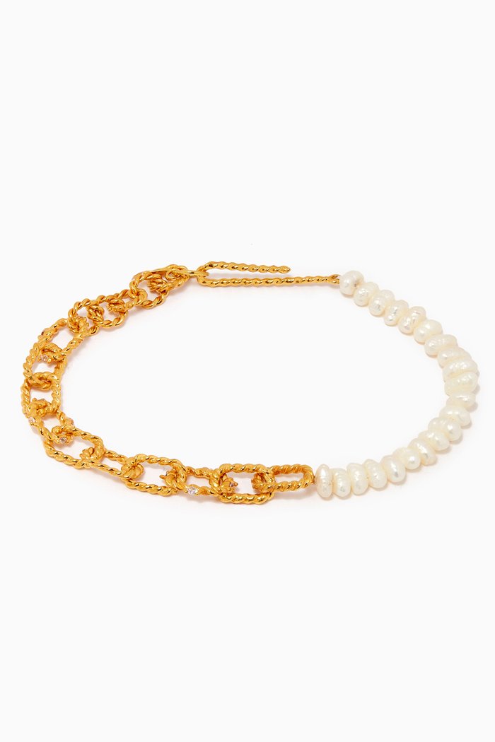

Twisted Wire Chain & Mini Pearl Bracelet in 18kt Gold-plated Brass