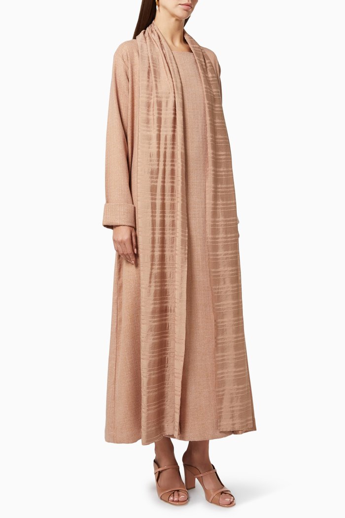 

Wish Shawl Collar Abaya Set in Linen, Pink