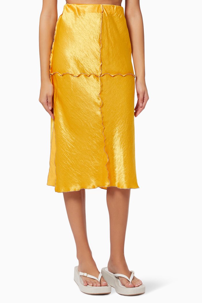 

Curly Bias Midi Skirt in Satin, Orange