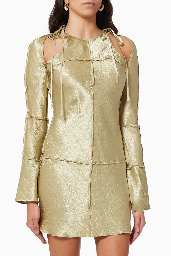 

Curly Cut Out Dress in Satin, Green