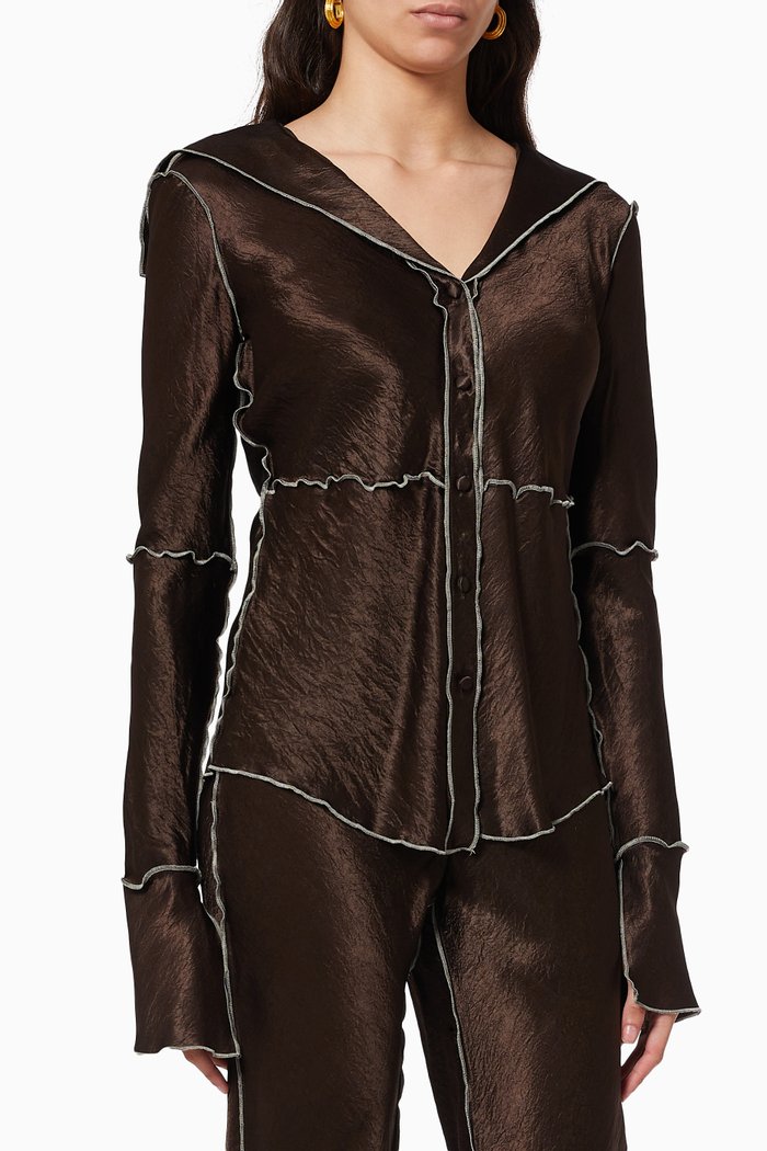 

Curly Sailor Collar Shirt in Satin, Brown