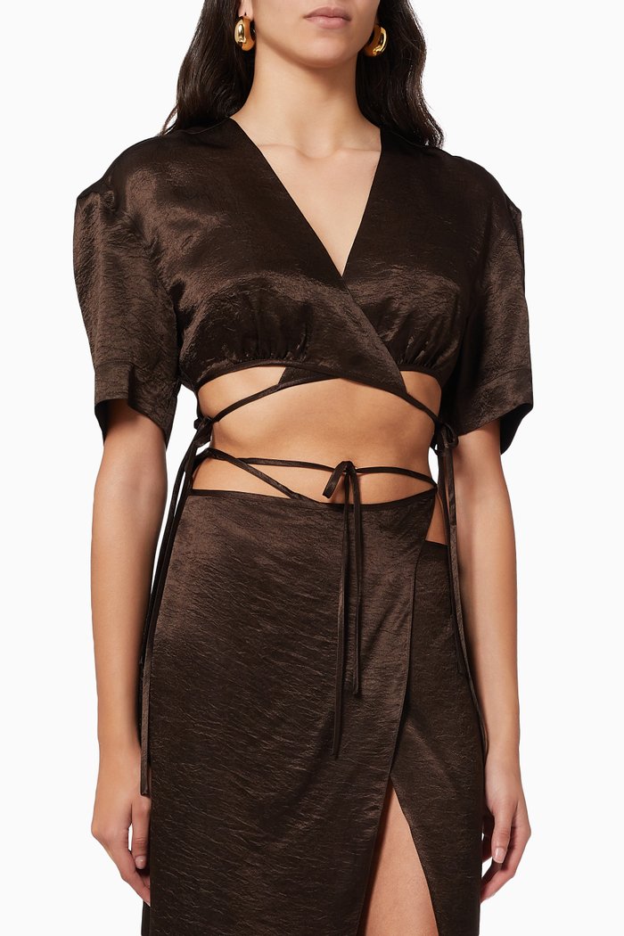 Wrap Crop Top in Satin, Brown
