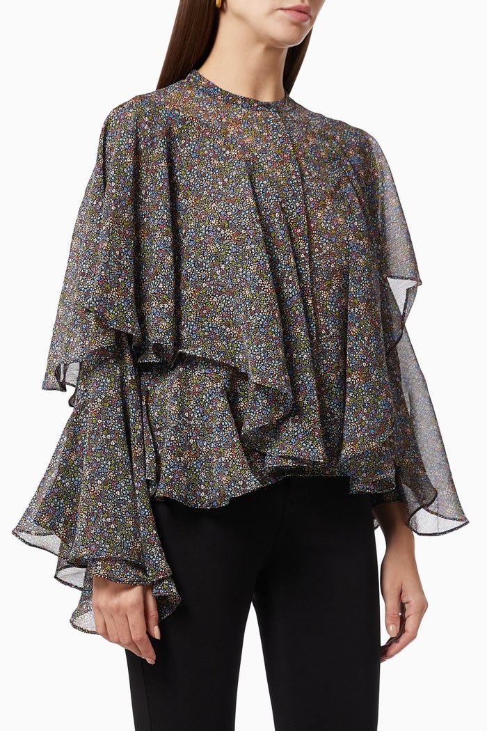 

Pinku Ruffle Blouse in Retro Flood Print, Black