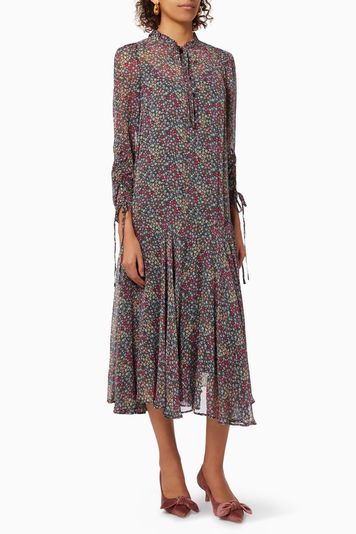 

Bevlia Dropped Waist Midi Dress in Floral Viscose, Black
