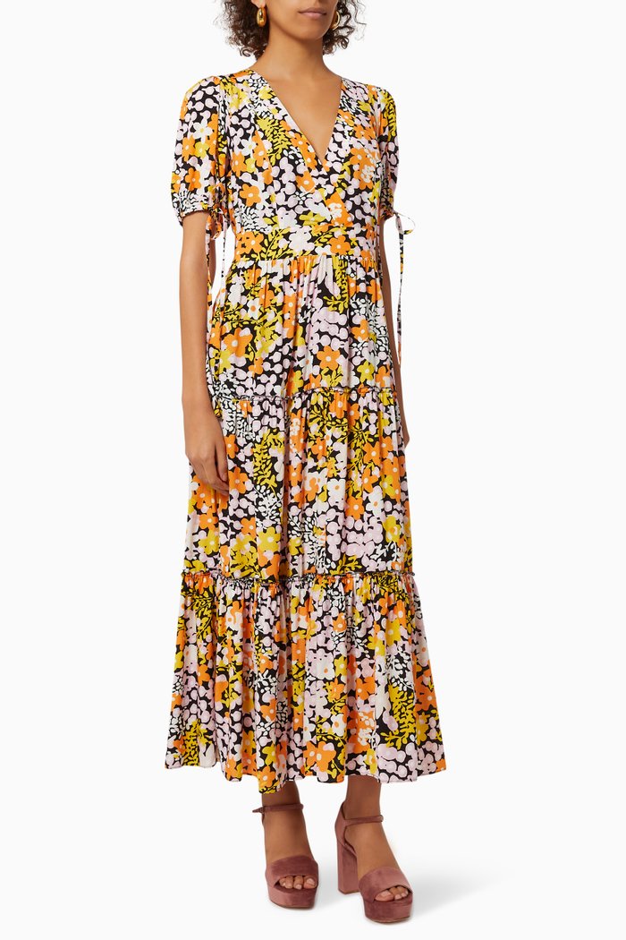 

Safiree Tiered Midi Dress in New World Print Cotton Viscose, Black