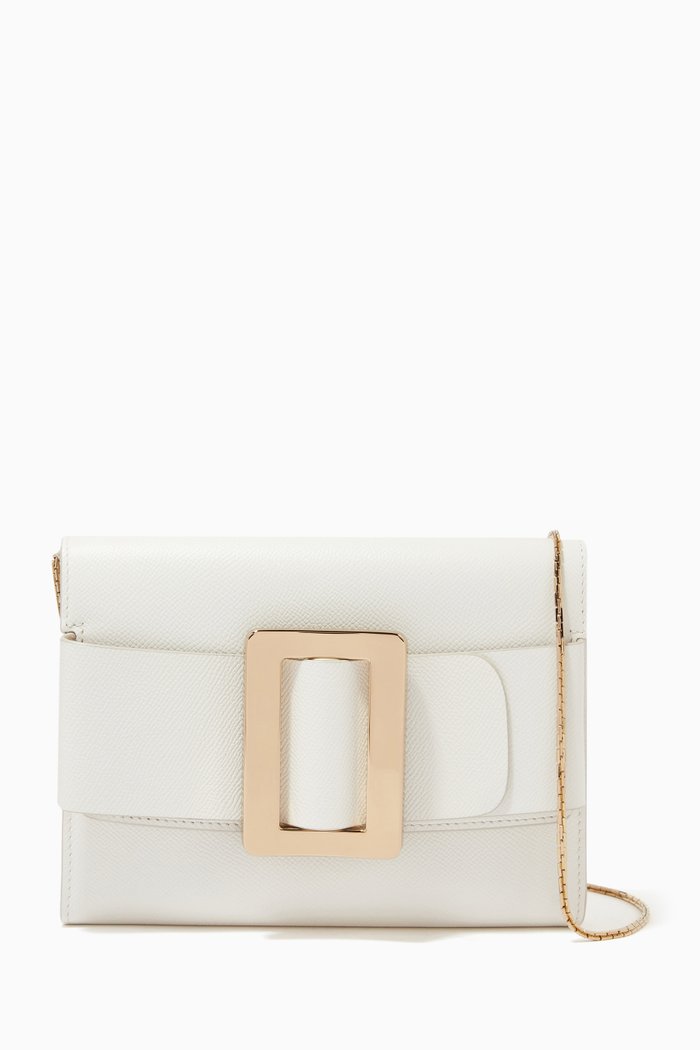 Buckle Travel Case Crossbody Bag in Grained Calfskin, White