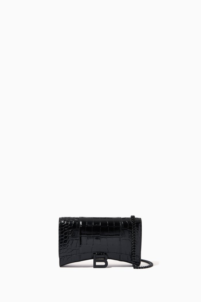 

Hourglass Mini Wallet on Chain in Shiny Crocodile Embossed Calfskin, Black