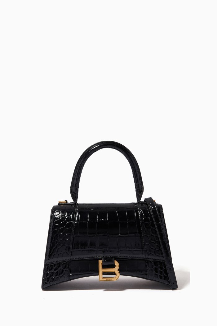 

Hourglass Small Top Handle Bag in Shiny Crocodile Embossed Calfskin, Black