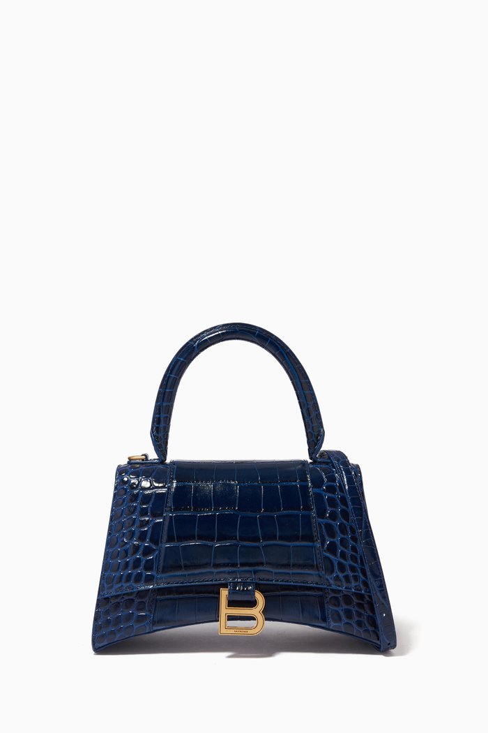 

Hourglass Small Top Handle Bag in Shiny Crocodile Embossed Calfskin, Blue