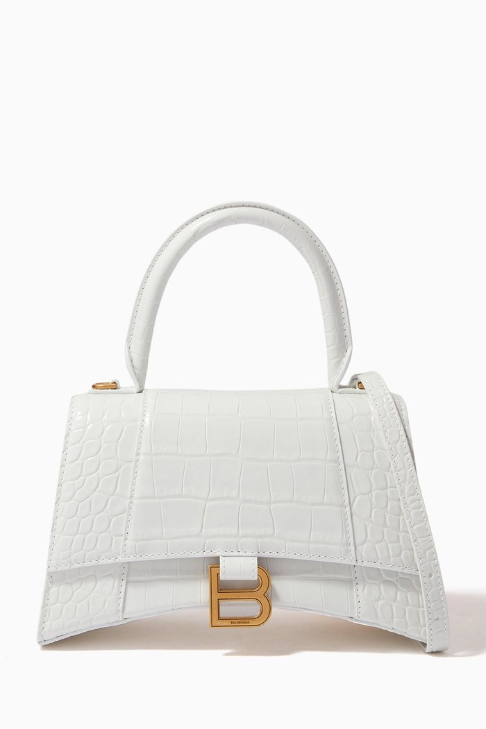 

Hourglass Small Top Handle Bag in Shiny Crocodile Embossed Calfskin, White