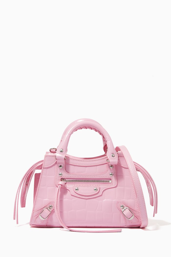 Neo Classic Mini Top Handle Bag in Shiny Crocodile Embossed Calfskin, Pink