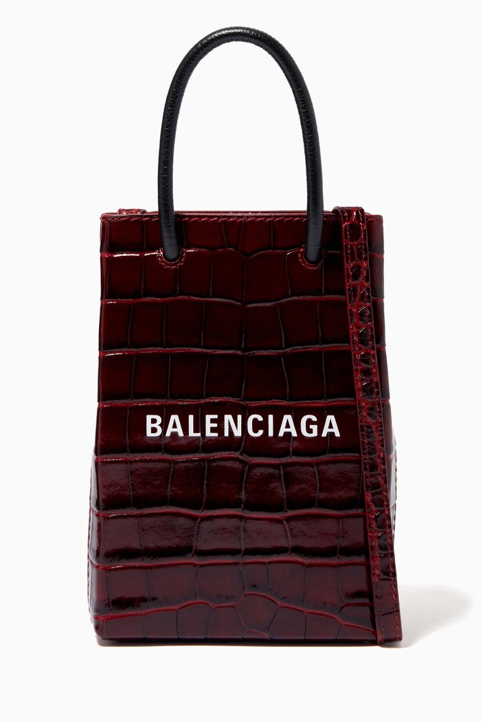 

Shopping Phone Holder Bag in Shiny Crocodile Embossed Calfskin, Red
