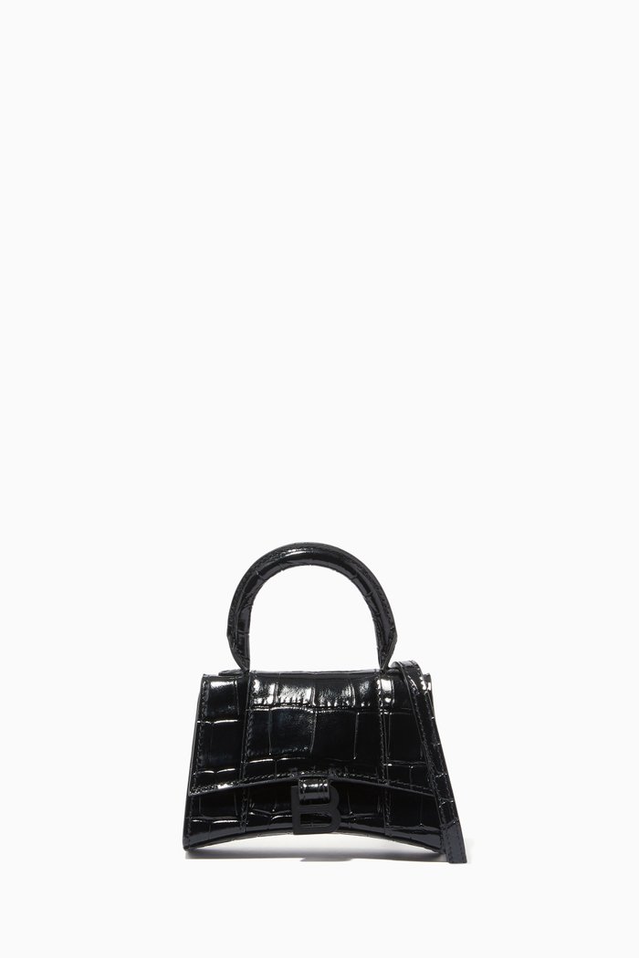 

Hourglass Mini Top Handle Bag in Shiny Crocodile Embossed Calfskin, Black