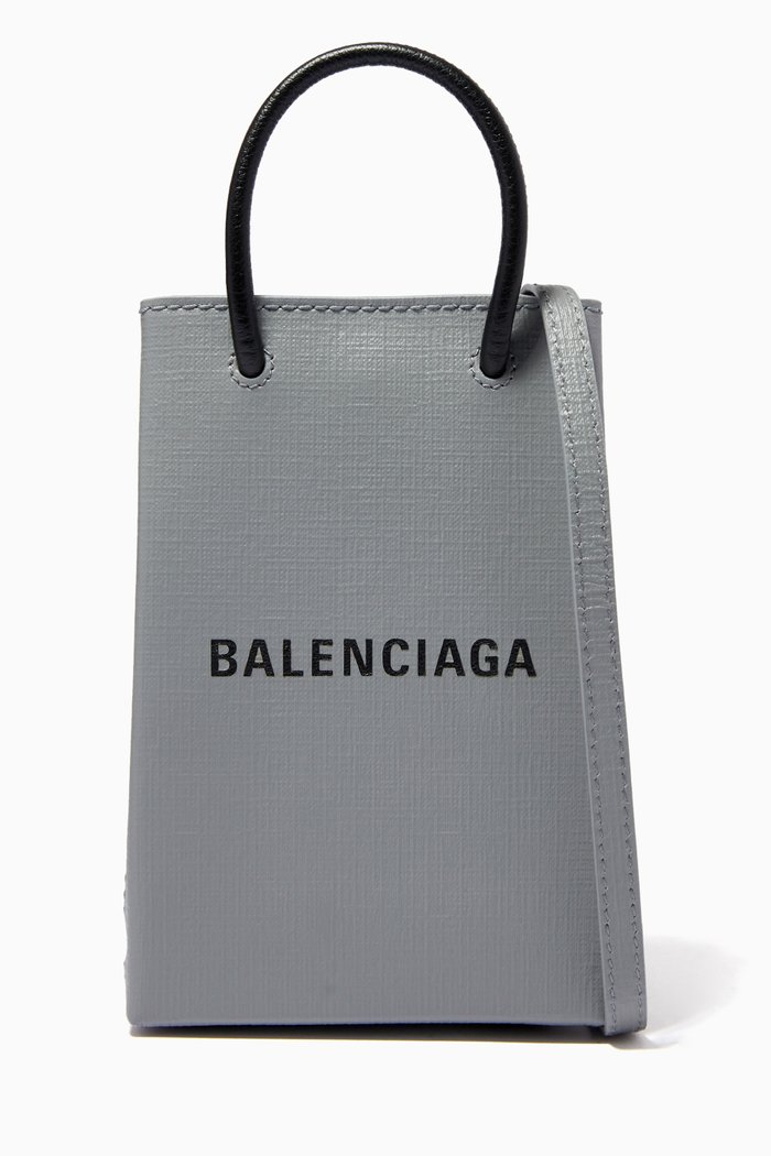 Shopping Phone Holder Bag in Squared Calfskin, Grey