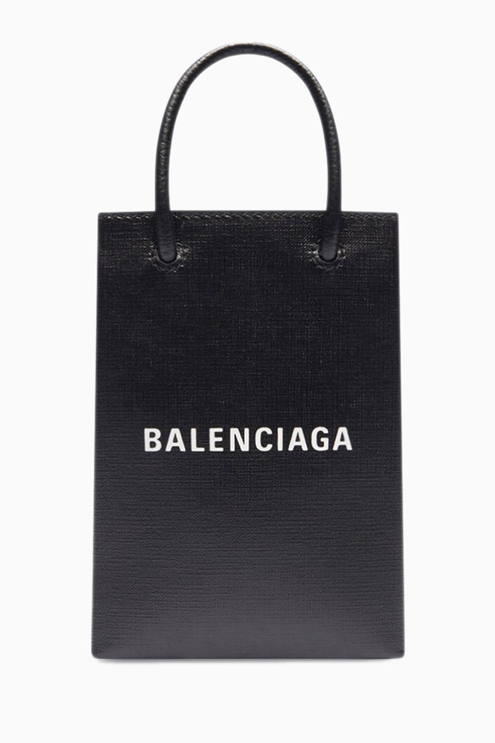 

Shopping Phone Holder Bag in Squared Calfskin, Black