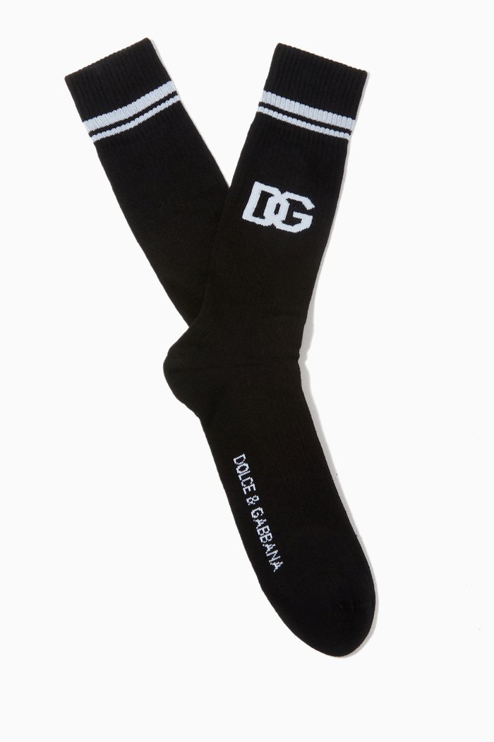

Jacquard DG Logo Socks in Ribbed Cotton, Black