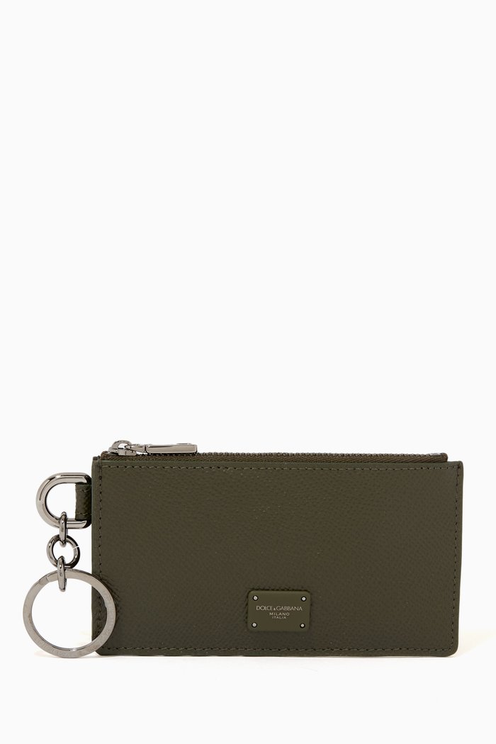 

Card Holder with Ring & Branded Plate in Dauphine Leather, Green