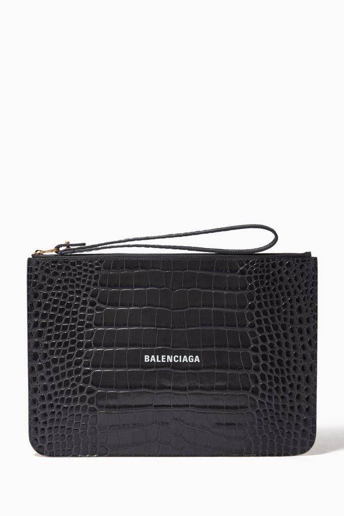 

Cash Pouch with Handle in Croc-embossed Leather, Grey
