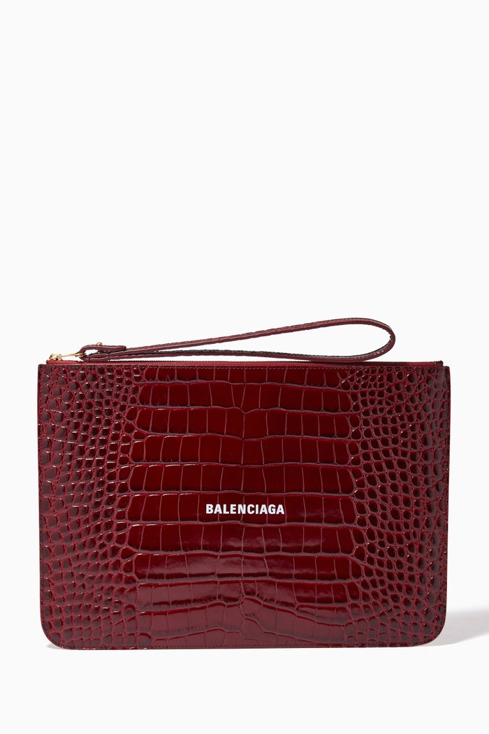 

Cash Pouch with Handle in Croc-embossed Leather, Red
