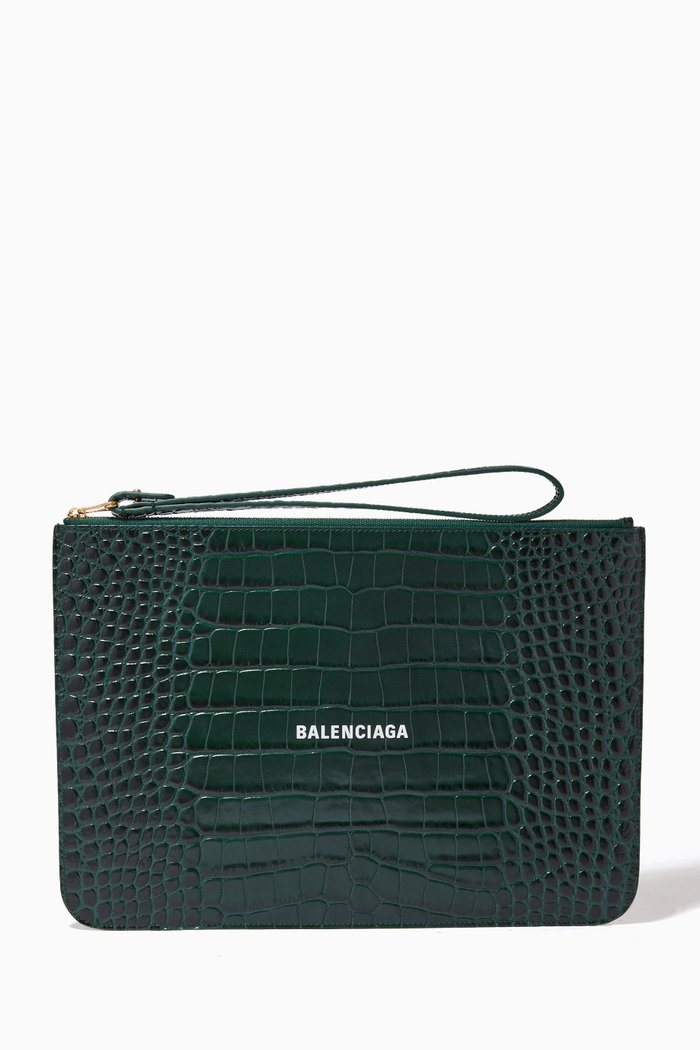 

Cash Pouch with Handle in Croc-embossed Leather, Green