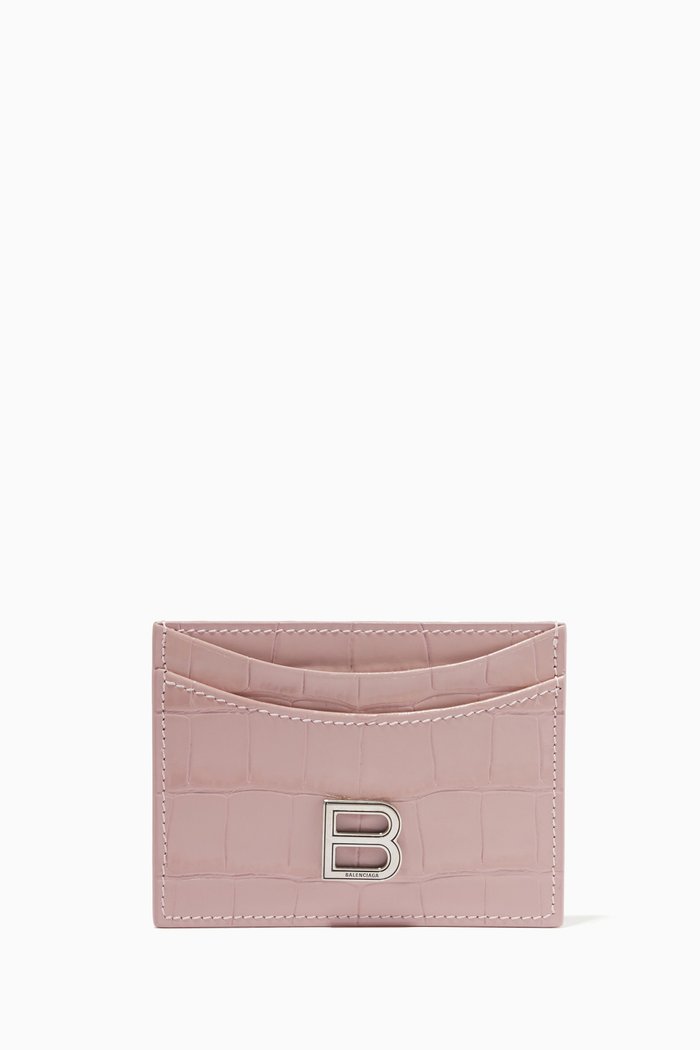 

Hourglass Card Holder in Shiny Crocodile Embossed Calfskin, Pink