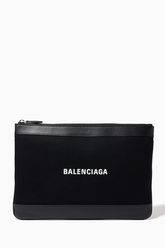 

Navy Clip Medium Pouch in Cotton Canvas & Calfskin, Black