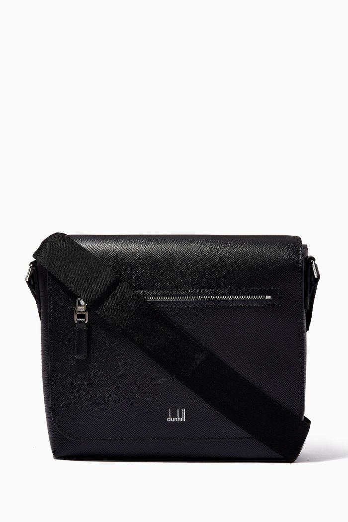 Cadogan Small Flap Messenger Bag in Leather, Black