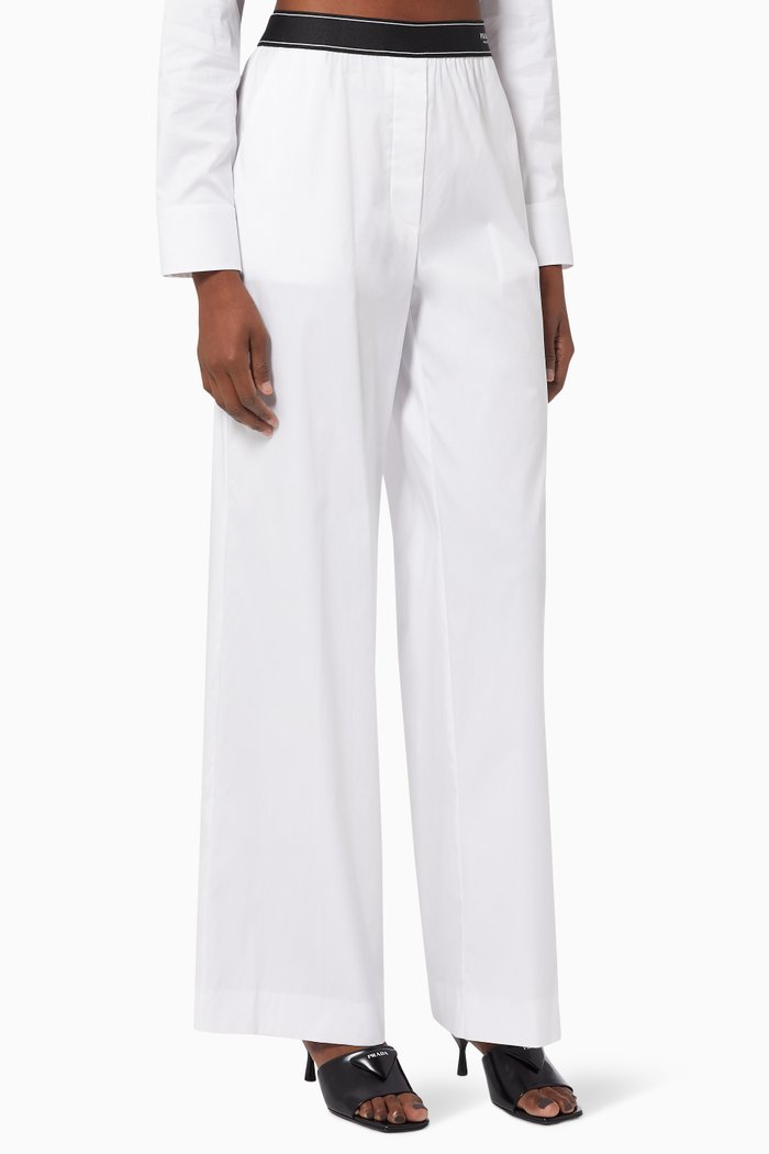 Logo Band High Waist Pants in Stretch Poplin, White