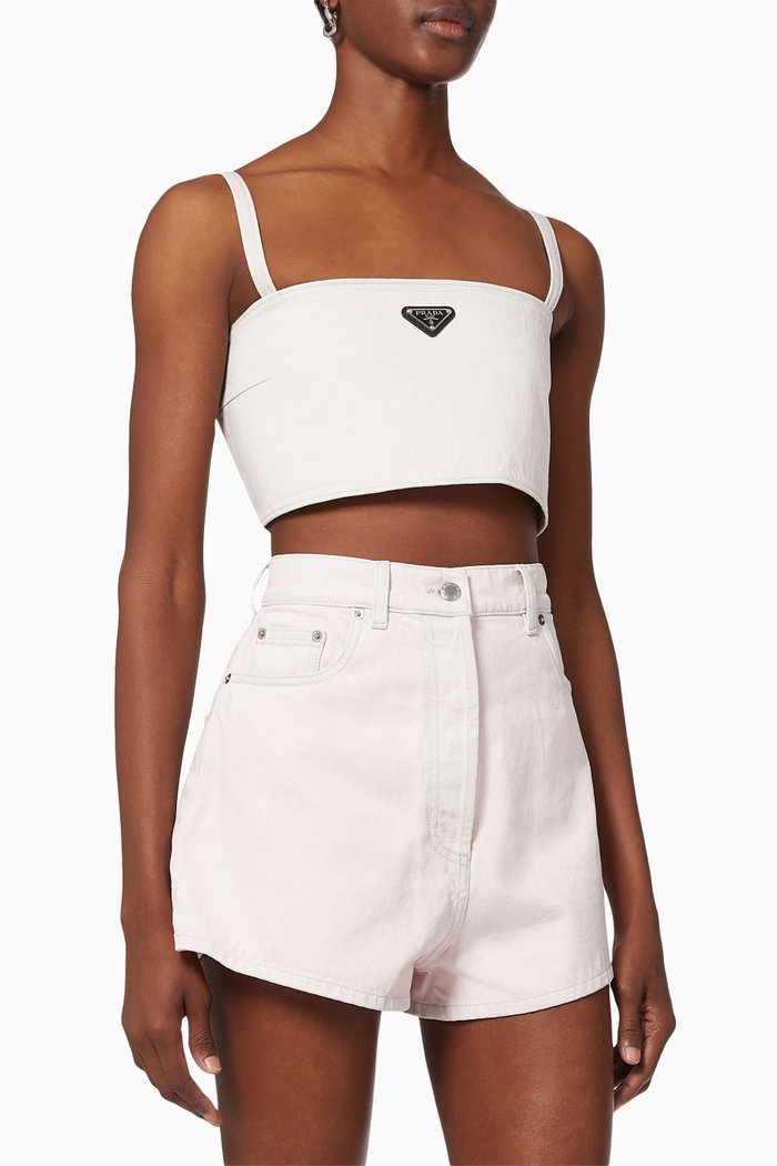 

Triangle Logo Crop Top in Cotton Denim, Pink