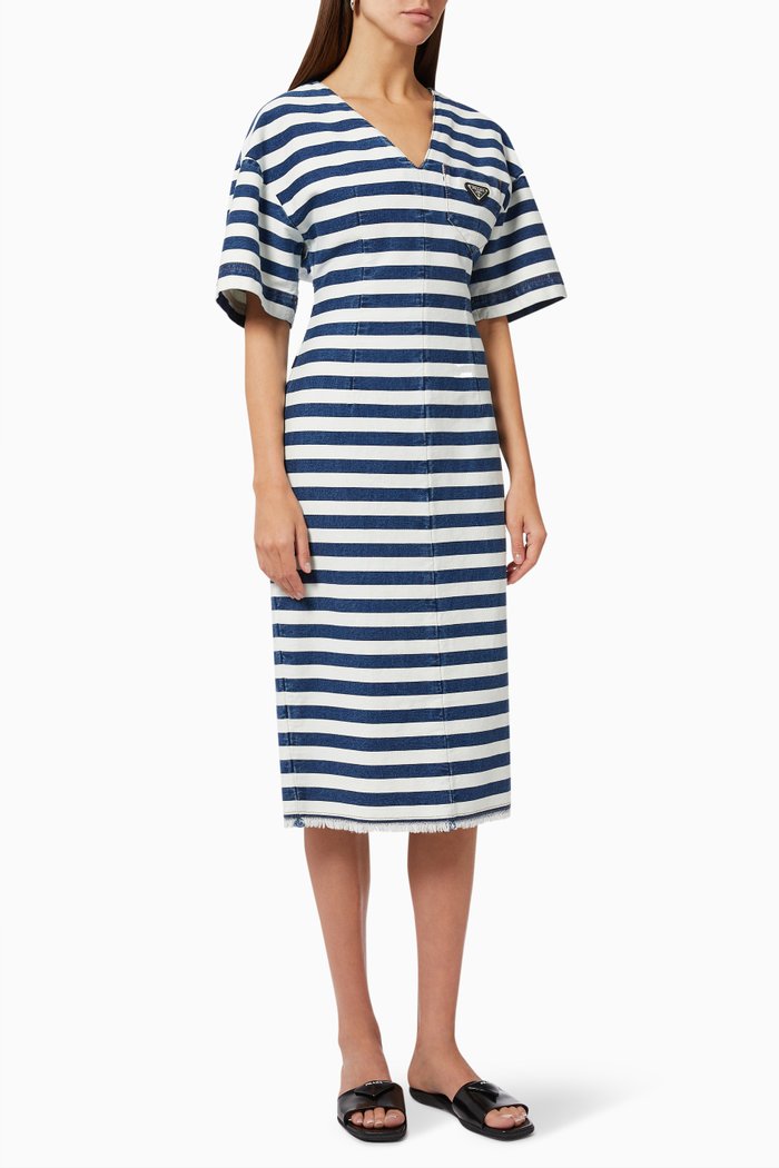 

Triangle Logo Striped Dress in Cotton Denim, Blue