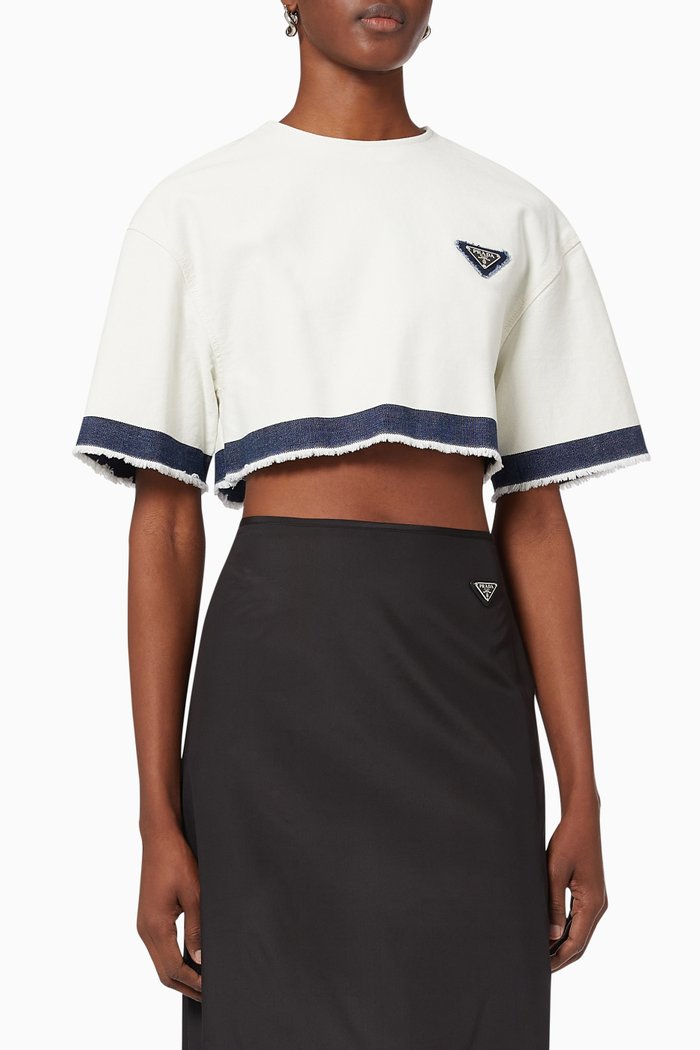 

Triangle Logo Crop Top in Cotton Denim, White