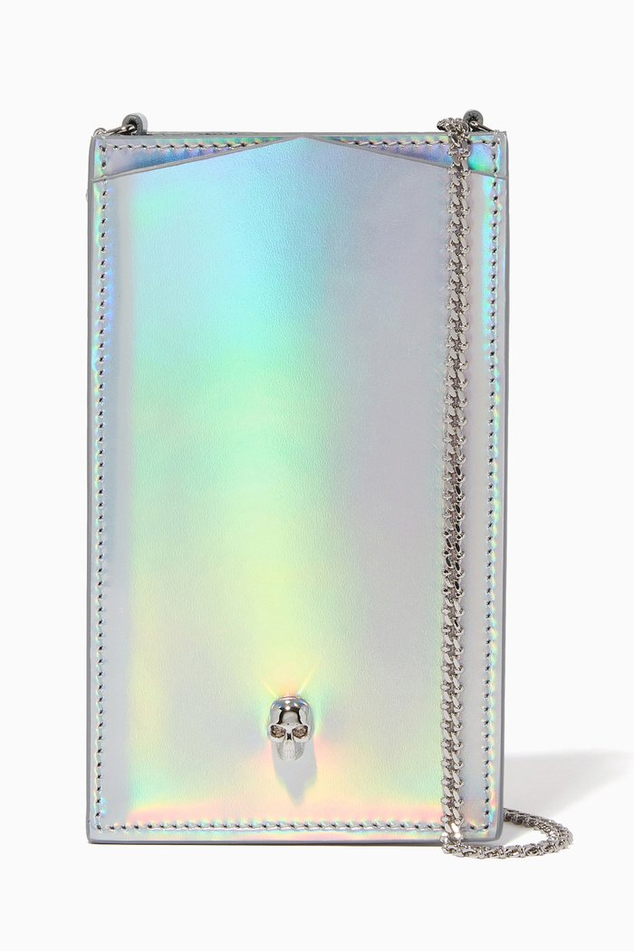 

Skull Phone Case on Chain in Metallic Leather, Silver