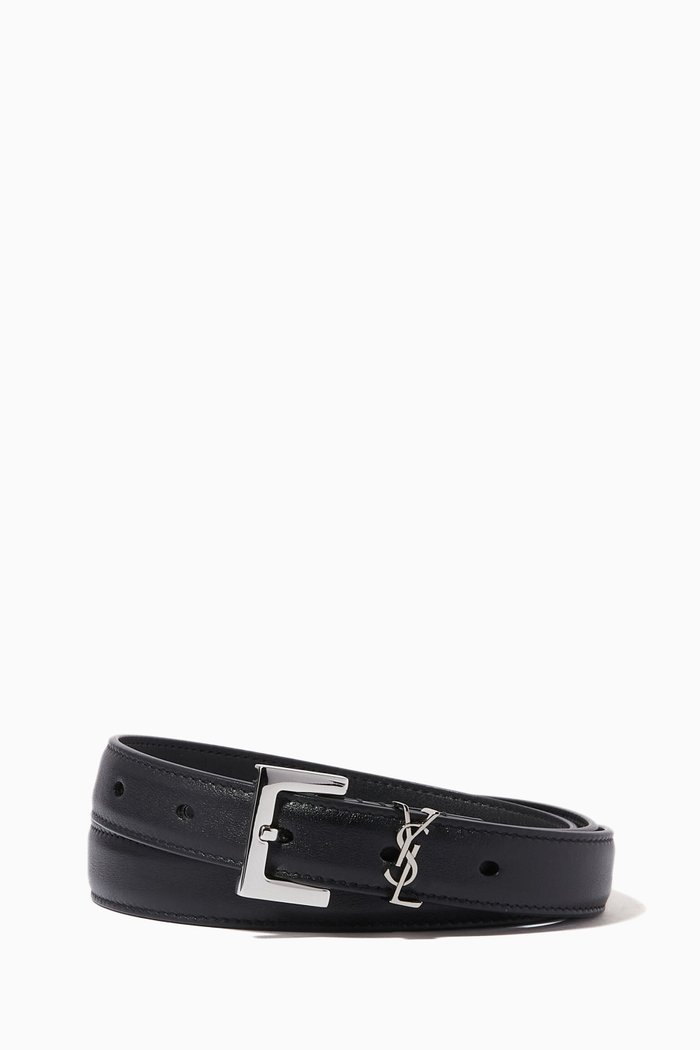 

Monogram Narrow Belt with Square Buckle in Smooth Leather, Black