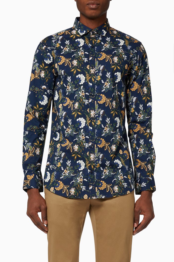 

Long Sleeve Printed Shirt in Cotton Blend, Blue