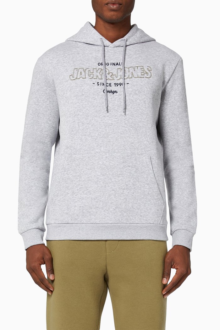 Embroidered Logo Hoodie in Cotton Blend, Grey