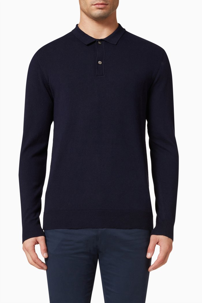 

Long Sleeve Polo in Knit Cotton, Blue