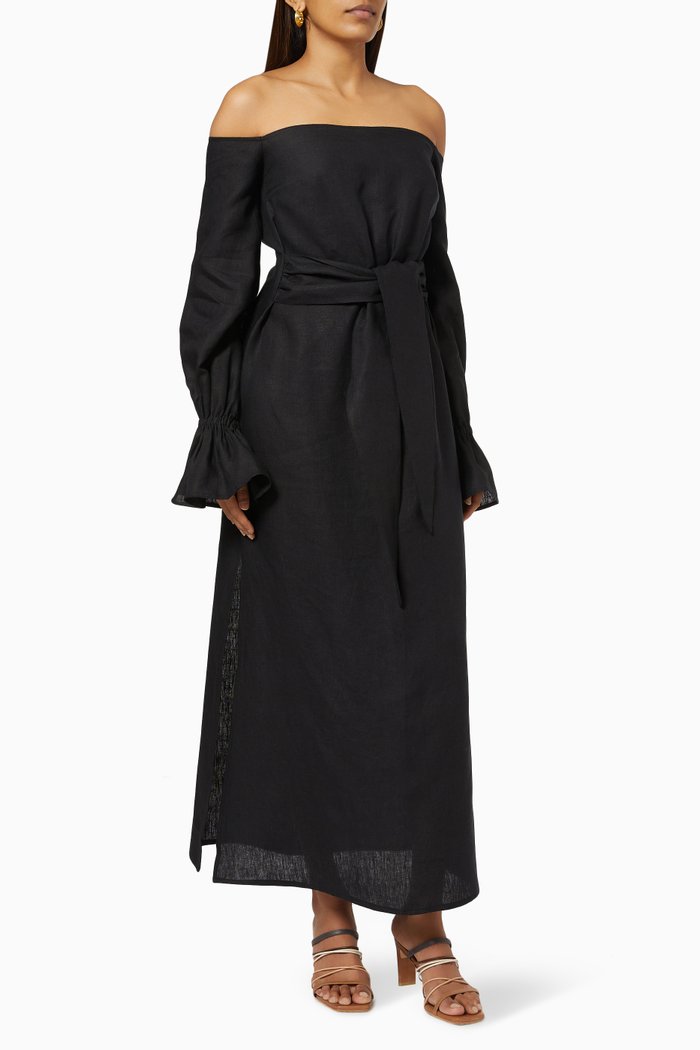 

Off Shoulder Caftan Dress in Linen, Black