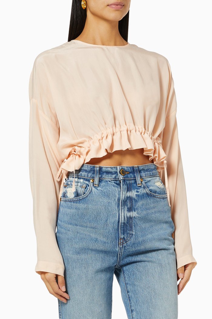 

Drawstring Long Sleeve Blouse, Pink