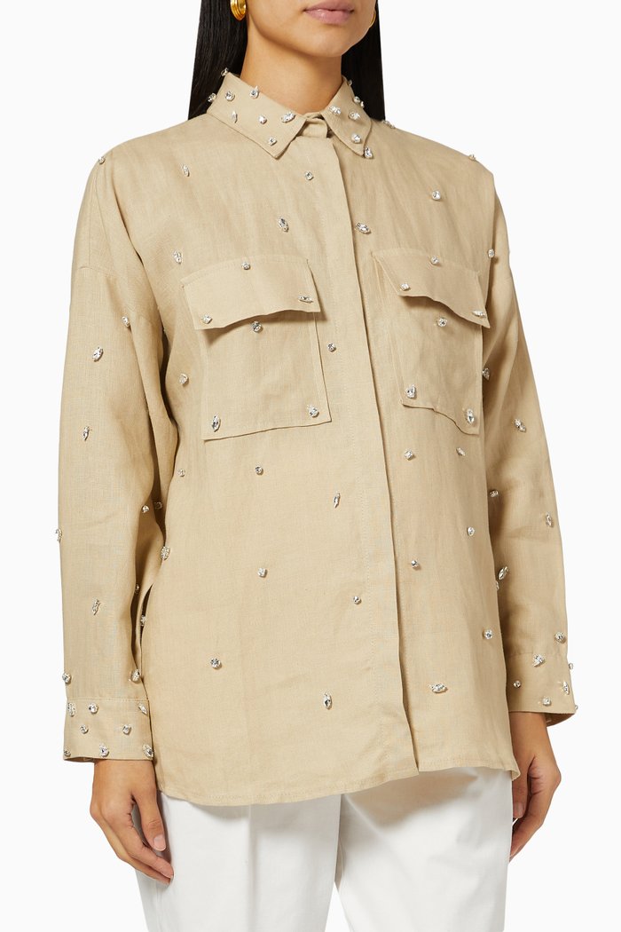 

Swarovski Crystal Embellished Shirt in Linen, Neutral
