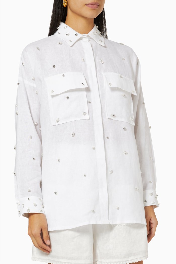 

Swarovski Crystal Embellished Shirt in Linen, White