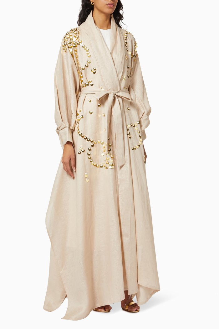 

Sequin Abaya with Sheila & Belt in Linen, Neutral