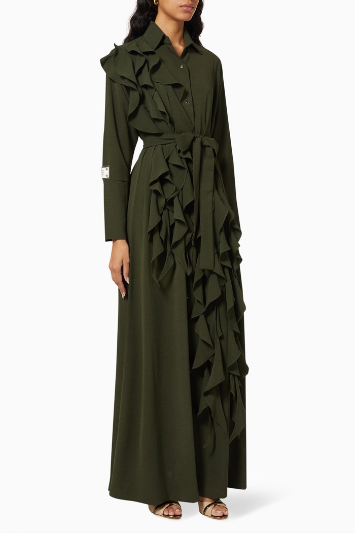 

Ruffle Abaya with Sheila & Belt in Crepe, Green